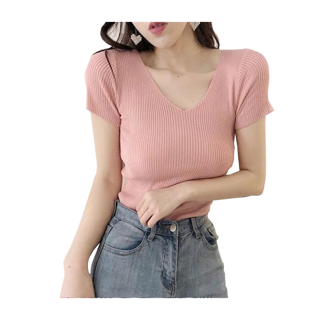 ✨ MKL ✨ Knitted V-neck เสื้อไหมพรมคอวี ผ้าร่อง สีพื้น แขนสั้น เสื้อยืด #9966