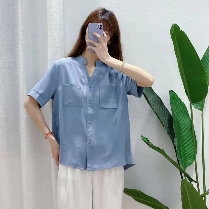 เสื้อเชิ้ต แขนสั้น คอจีน แต่งกระเป๋าหน้า🧶ผ้า:ญี่ปุ่น☘️อก40”ไหล่กว้าง16.5”วงแขน19”หน้ายาว23.5”ยาวหลัง