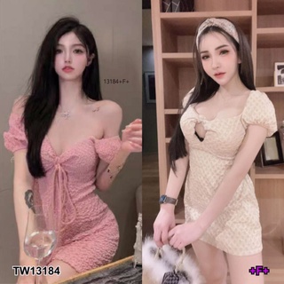 TW13184 ชุดเดรสสั้นสีครีม ชมพู ผ้าทอนูน ใส่สวย น่ารัก  ทรงแขนตุ๊กตา มาใหม่