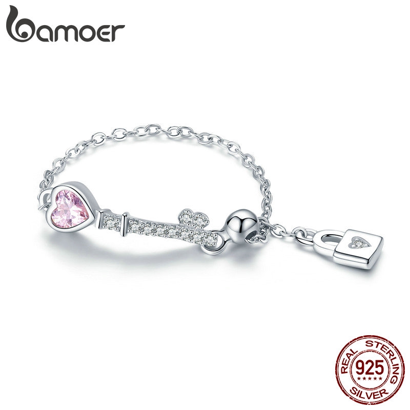 BAMOER 925 Silver Fashion Rings Heart Lock Key SCR425