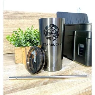 BEAR TUMBLER แก้วเก็บอุณหภูมิ ร้อน-เย็น ขนาด 20 ออนซ์ ลายสตาร์บัคส์(สกรีนโลโก้ดำ) สีเทาเงินและหลอดสแตนเลส