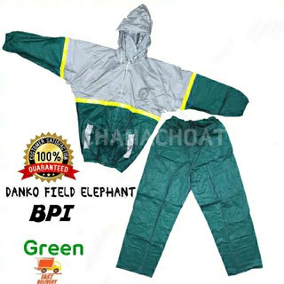 ชุดกันฝนเสื้อ+กางเกง BPI raincoat PVC เหนียวทนทาน(สีเขียวเทา) ตราช้าง มีแถบสะท้อนแสง กันน้ำ100% มีซิป หมวกฮู๊ดพับเก็บได้