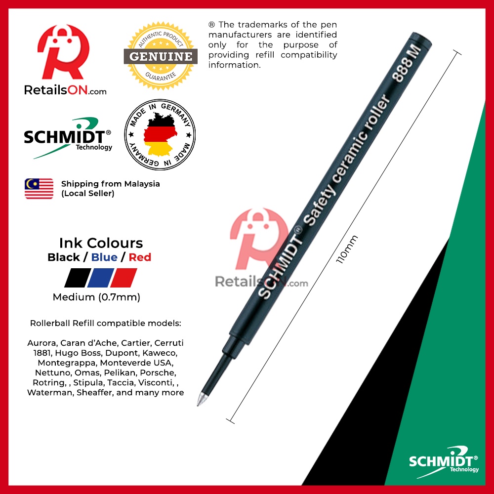 Schmidt Refill 888 (M/F/B) เซรามิคสําหรับปากกาโรลเลอร์บอลเข้ากันได้กับ Hugo Boss , Cerrati , Sheaffer , Waterman