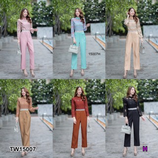 TwinsShopVip💗พร้อมส่ง TW15007 Jumpsuit จั้มสูทลูกไม้แขนยาวกางเกงสีพื้น