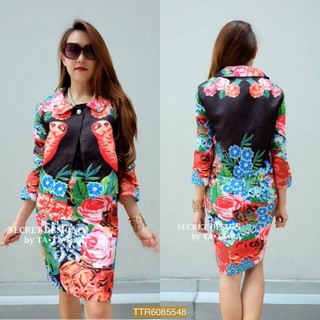 Granddesignplus TTR548**สีดำ**XLอก40-42" DOLCE &amp; GABBANA LUXE SET(BLAZER &amp; DRESS) งานเซ็ต 2 ชิ้น (เดรส + เสื้อคลุม)