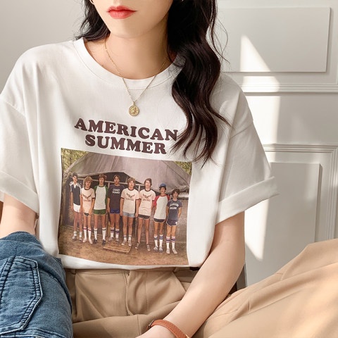 Grace_chili 5506 เสื้อโอเวอร์ไซส์ แขนสั้น ลายวินเทจ เเนวสตรีท เสื้อคอกลม แฟชั่นสไตร์เกาหลี
