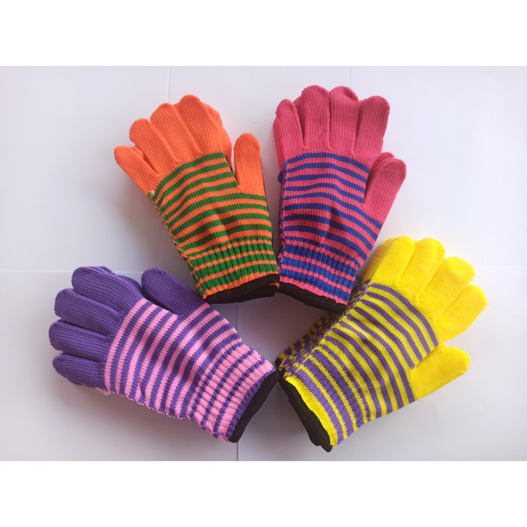 ถุงมือผ้า มี4สี โทนเหลือง ส้ม ชมพู ม่วง แพ็ค 6 และ 12คู่ คละสี
