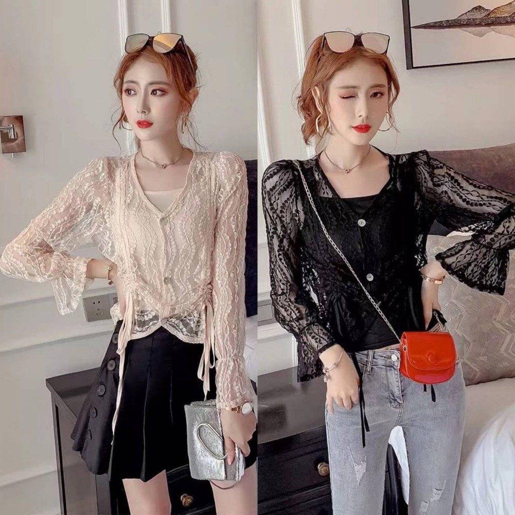 เสื้อคลุม กระดุมหน้า เนื้อผ้าซีทรู เสื้อแขนยาว จั๊มปลายแขน แต่งรูดหน้า เสื้อแฟชั่นผู้หญิงน่ารัก สีพื