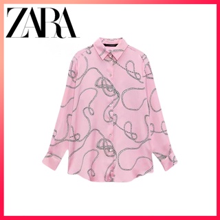 Zara ใหม่ เสื้อเชิ้ต ผ้าซาติน พิมพ์ลาย สําหรับผู้หญิง
