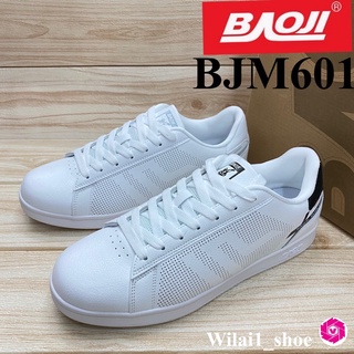 Baoji BJM 601 รองเท้าผ้าใบ แบบหนัง ผูกเชือก (41-45) สีขาวดำ /ขาว ซศ