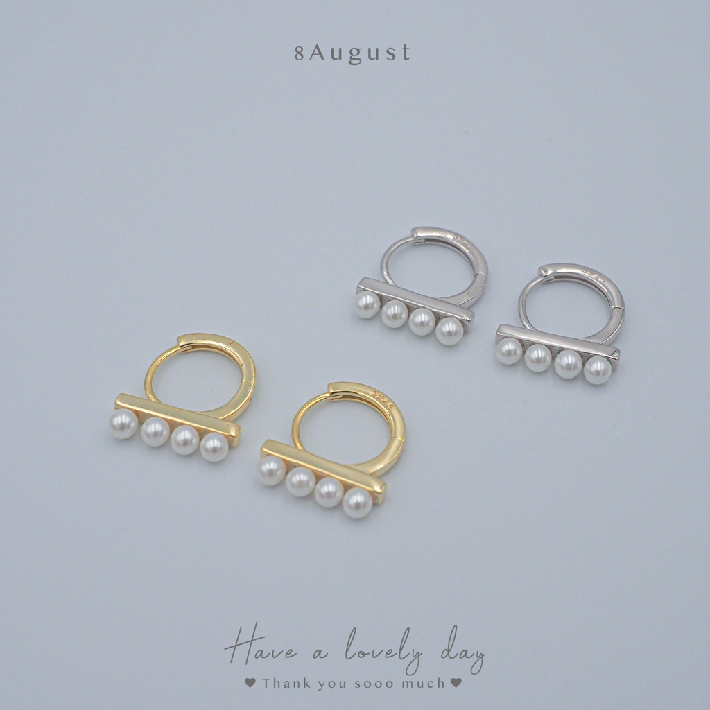 8August ต่างหูเงินแท้ ต่างหูห่วง ติดมุก 4 เม็ด ดีไซส์สวย เรียบหรู ขนาด 9mm Pearl Hoop Earrings S925 