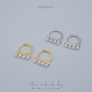 8August ต่างหูเงินแท้ ต่างหูห่วง ติดมุก 4 เม็ด ดีไซส์สวย เรียบหรู ขนาด 9mm Pearl Hoop Earrings S925 (A31)