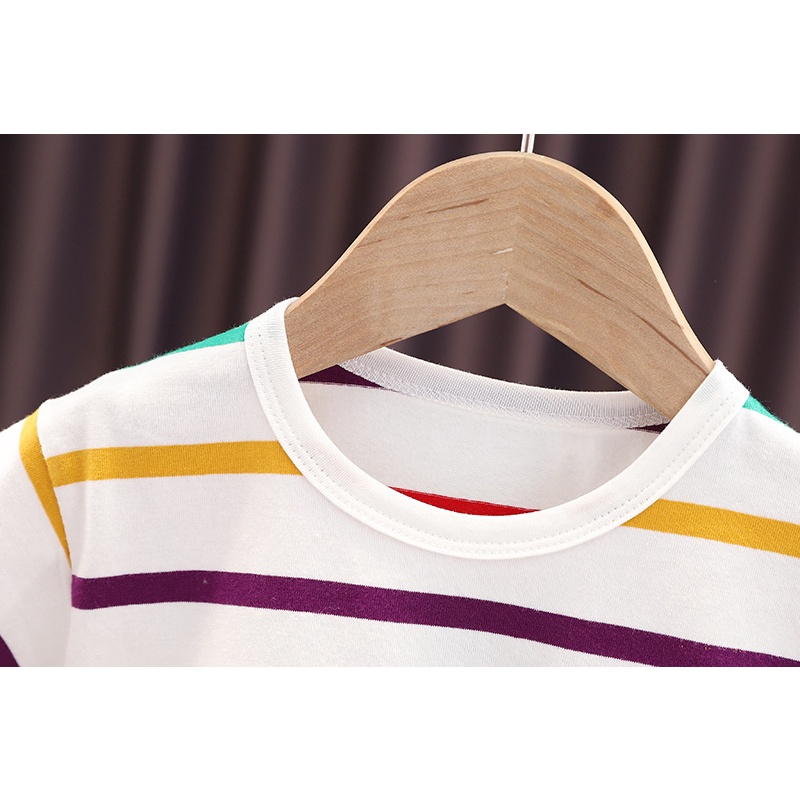 เสื้อยืดลายทางสีรุ้งแขนสั้น ชุดเอี๊ยมกระเป๋ามอนสเตอร์น้อย ชุดระบายอากาศฤดูร้อนสำหรับเด็ก - รูปที่ 2