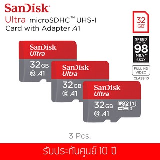 ชุดสุดคุ้ม 3 ชิ้นเมมโมรี่การ์ด Sandisk Ultra MicroSDHC A1 32GB 98MB/S UHS-1 Class 10 (SDSQUAR-032G-GN6MA)