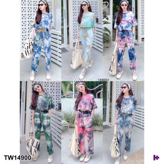 เซตเสื้อครอปแขนสั้น+กางเกงขายาวลายมัดย้อม