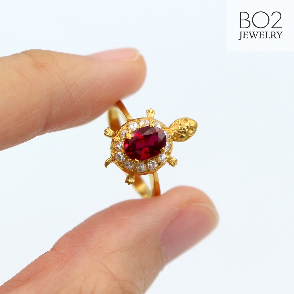 แหวนทองแท้ หลุดจำนำ size 53 แหวนเต่าทองคำแท้ พลอยแดงล้อมเพชรรัสเซีย ใส่เสริมโชคลาภ การค้า