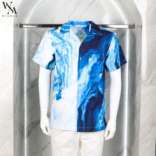 เสื้อเชิ้ตฮาวายแขนสั้น ผ้าไหมอิตาลี 100% (บลู) : Hawaii Blue Marble Shirt  (Short-sleeved)