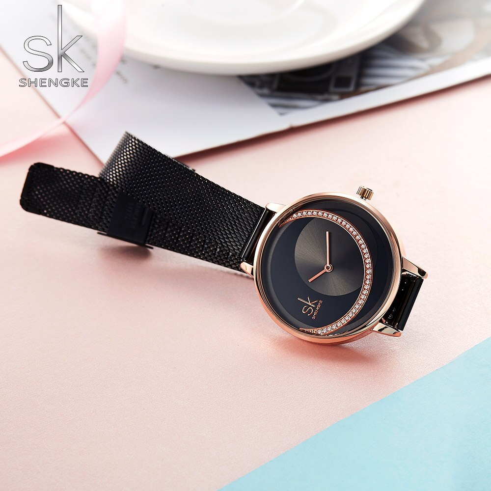 SK SHENGKE Women's Mesh Watches Elegant Design Face Stainless Steel Back Case Fashion Ladies Waterproof Wristwatch 