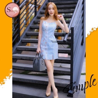 Simple Brand เดรสสายเดี่ยวทูโทนสก็อตลายดอก