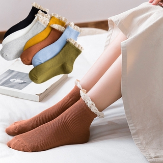 Sweet Lovely Solid Color Lace Ankle Socks Cotton Women Japanese Korean Cozy Crew Socks Candy Color Casual White Female Mid Calf Socks