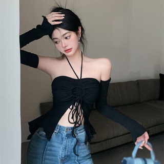 เสื้อยืดแขนยาว เปิดไหล่ แต่งสายคล้องคอ รูดเชือกด้านหน้า เซ็กซี่ สไตล์เกาหลี สําหรับผู้หญิง