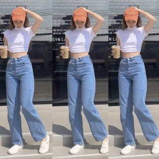 TwiceJeans กางเกงยีนส์ ทรงกระบอก ขาตรง ยีนส์ผู้หญิง เอวสูง ผ้าไม่ยืด สียีนส์อ่อน