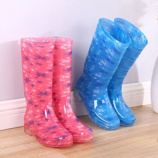 Rain BOOTS Womens High-Tube Tendon ด้านล่างลื่นกันน้ำ Plus ผ้าฝ้ายกำมะหยี่ยาวท่อน้ำรองเท้า Mid-Tube น้ำรองเท้าผู้หญิงผู