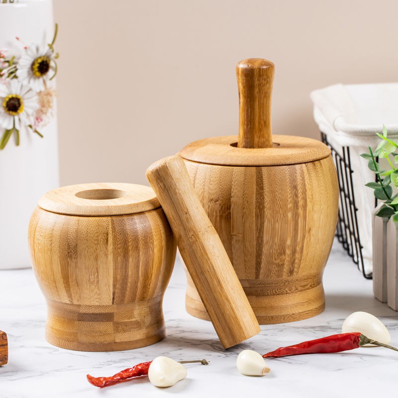 ❉ ครกจิ๋ว ครกไม้จิ๋ว ครกไม้ยางพารา Grinding Set Bamboo Mortar And Pestle Pedestal Bowl Garlic Pot Kitchen Tools