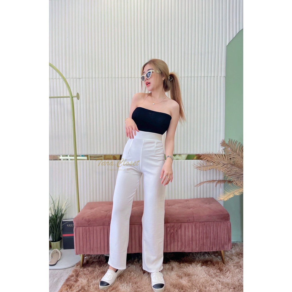 PW501 TARA Long pants Black&White กางเกงขายาว เอวสูง ทรงขากระบอก แต่งเกร็ดหน้า เนื้อผ้าวูลเวฟ ผ้ายืด ใส่สบาย