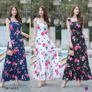 Maxi Dress เดรสยาว สายเดี่ยวติดโบว์ เพิ่มความเกร๋สวยหรู ตัวเดรสตัดต่อชายระบายด้านล่าง