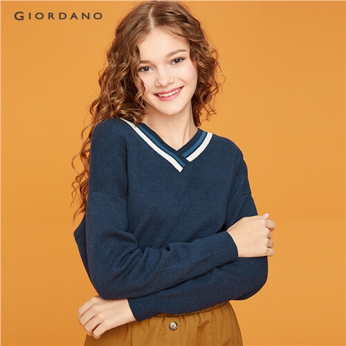 GIORDANO WOMEN Contrast v-neck knitted sweater 13359810