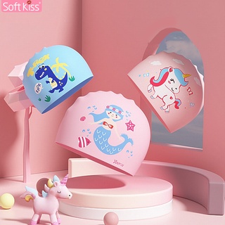 Softkiss หมวกว่ายน้ำ หมวกว่ายน้ำเด็ก Childrens Swimming Cap หมวกว่ายน้ำซิลิโคน ลายการ์ตูนน่ารัก กันน้ำ กันแดด ใส่สบาย