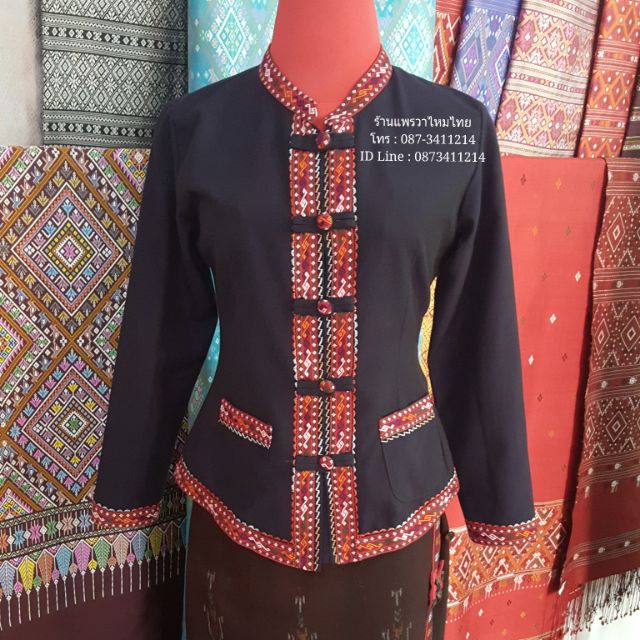 เสื้อภูไทหญิง แขนยาว แต่งแถบแพรวากาฬสินธุ์สีกรมท่า