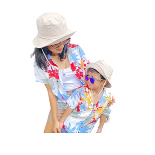 เสื้อฮาวาย เสื้อเด็ก เสื้อครอบครัว เด็ก&ผู้ใหญ่ Hawaiian aloha Shirts (มะพร้าว คัลเลอร์ฟู พื้นขาว)