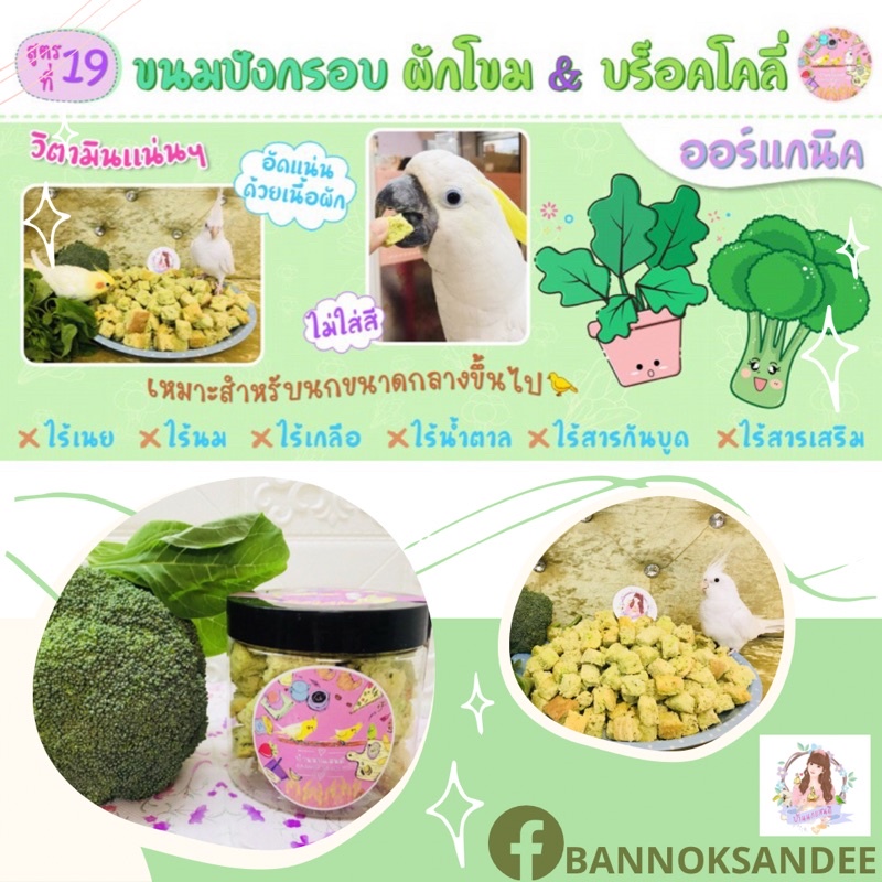 ขนมนก ปังอบกรอบสูตรผักโขม บล็อคโครี่ นกขนาดกลาง-ใหญ่ หั่นเต๋า สูตร19