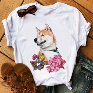 เสื้อยืดลําลอง แขนสั้น พิมพ์ลายกราฟฟิค Shiba Inu สีขาว สไตล์เกาหลี แฟชั่นฮาราจูกุ สําหรับสตรี Y2k