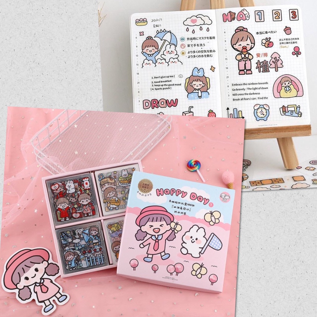[กล่องละ 100 ดวง] สติ๊กเกอร์ เด็กสาวน้อย Sticker น่ารัก สำหรับติดตกแต่ง DIY ติดแน่น ทนนาน วัสดุ PVC กันน้ำ สีสันสดใส