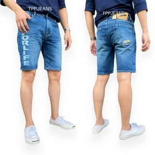 JEANSEXPRESS Mens Shorts กางเกงยีนส์ขาสั้นชายเหนือเข่า เป้าซิป สีบลูฟอกปักขนนก ผ้ายืด ใส่สบาย Size 28-44 มีไซส์ใหญ่