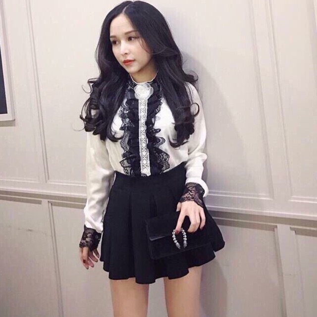 SM Set เสื้อ smt คอปกลูกไม้ ดีไซน์กระโปรงจับจีบ