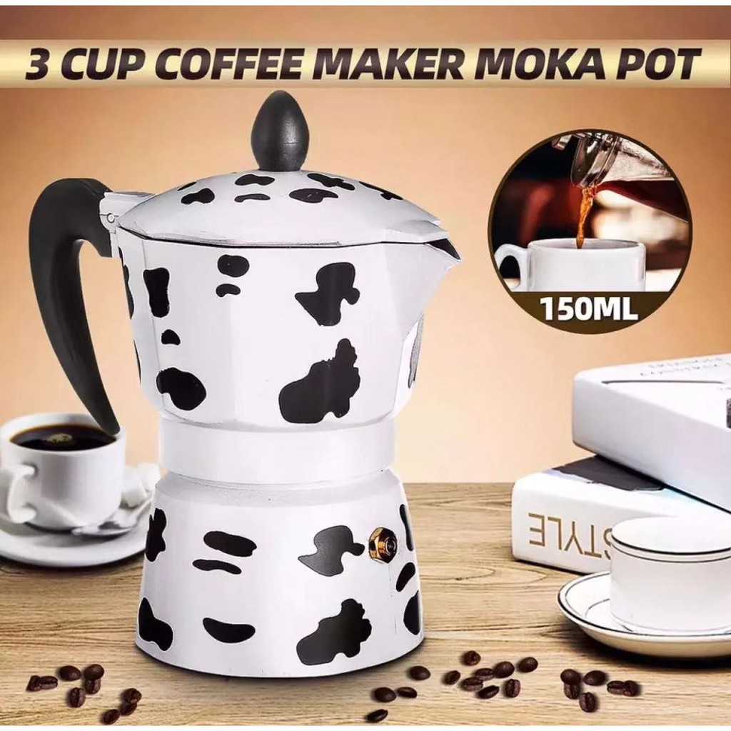 กาต้มกาแฟสด หม้อต้มกาแฟสด Moka Pot สำหรับคอกาแฟลายวัวขนาด3-6 ถ้วย150-300ml