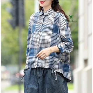 LB1112เสื้อผ้า cotton เนื้อนิ่ม ลายสก๊อต  ตัวกว้างใส่สบายค่ะ ช่วงชายเสื้อด้านหน้า มีเชือกสำหรับรูด เก๋ ๆ ค่ะ สไตล์ญี่ปุ่