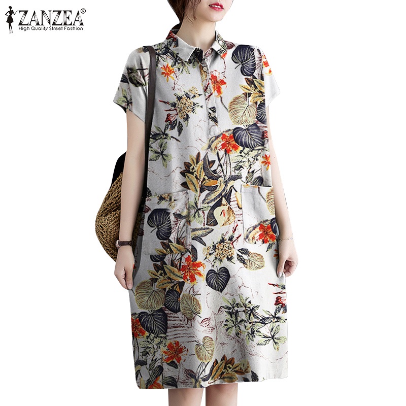 Zanzea ชุดเดรสสําหรับสตรีผ้าฝ้ายแขนสั้นทรงหลวมขนาดเล็ก
