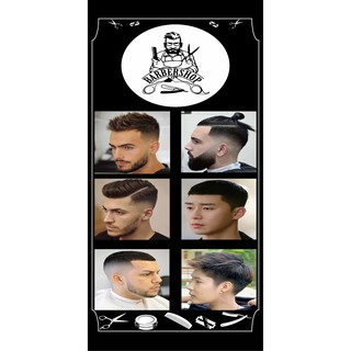 M076 ป้ายแบบทรงผมชาย Barber shop ขนาด60x120 cm. แนวตั้ง 1ด้าน เจาะรูตาไก่ 4 มุม สำหรับแขวน ป้ายไวนิล พิมพ์อิงเจ็ท ทนแดด