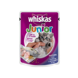 Whiskas วิสกัส จูเนียร์ อาหารแมว รสปลาทู ขนาด 85กรัม/ซอง แพ็คละ12ซอง สำหรับลูกแมว 1-12เดือน Cat Food Junior Mackerel