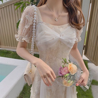 🔥Hot sale/22425French super fairy lace dress หญิง 2022 ใหม่อารมณ์ตาข่ายเย็บกระโปรงนางฟ้าแขนพัฟ dress