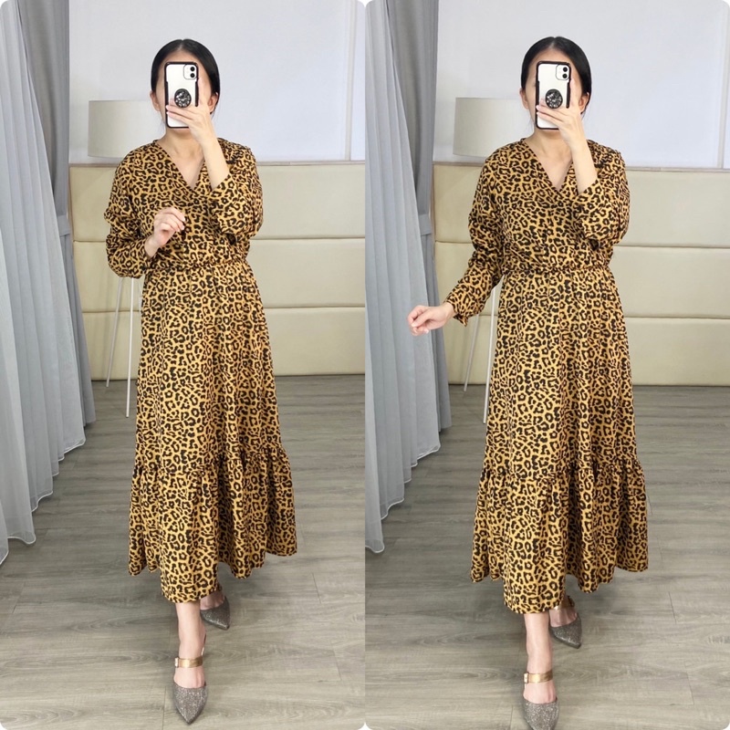 LEOPARD KIMONO MAXI / LEOPARD KIMONO DRESS / KIMONO STYLE Ruffled Dress ส่งฟรี