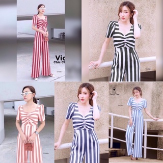 SK10496 Jumpsuit จั้มสูทแขนสั้นคอเหลี่ยม ผ้าโฟร์เวย์ลายริ้ว อกติดดาวเพชรวิ้งๆ มีซิปหลัง ปังสุดๆต้องจั้มตัวนี้เลยค่า