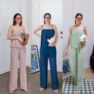 NEW STYLE CASUAL🤍(530฿ฟรีส่ง) ชุดเซทสายเดี่ยว เสื้ออัดพลีท เนื้อผ้าชีฟอง มีซับใน ใส่แล้วฟีลคุณหนูมากๆค่า