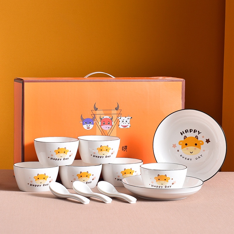 Happy Cow ชุดจานชามเซรามิค สไตล์ยุโรป จานลายเซรามิคกระเบื้อง ลายวัว 1ชุด/14pcs