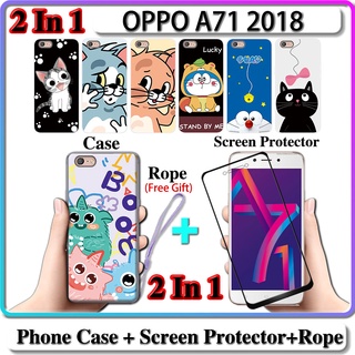 2 IN 1 เคส OPPO A71 2018 เคส พร้อมกระจกนิรภัยโค้ง ป้องกันหน้าจอ เซรามิค ลายแมว และโดราเอมอน